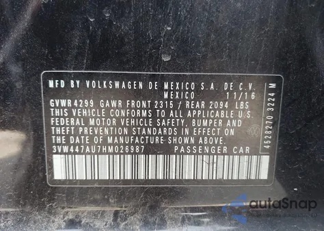 2017 Volkswagen Golf Gti Autobahn 4-Door/S 4-Door/Se 4-Door/Sport 4-Door из США, поврежденный, VIN 3VW447AU7HM026987